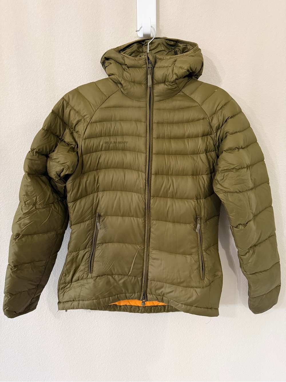 Mammut Down Coat - Olive Green with Bright Orange Lining